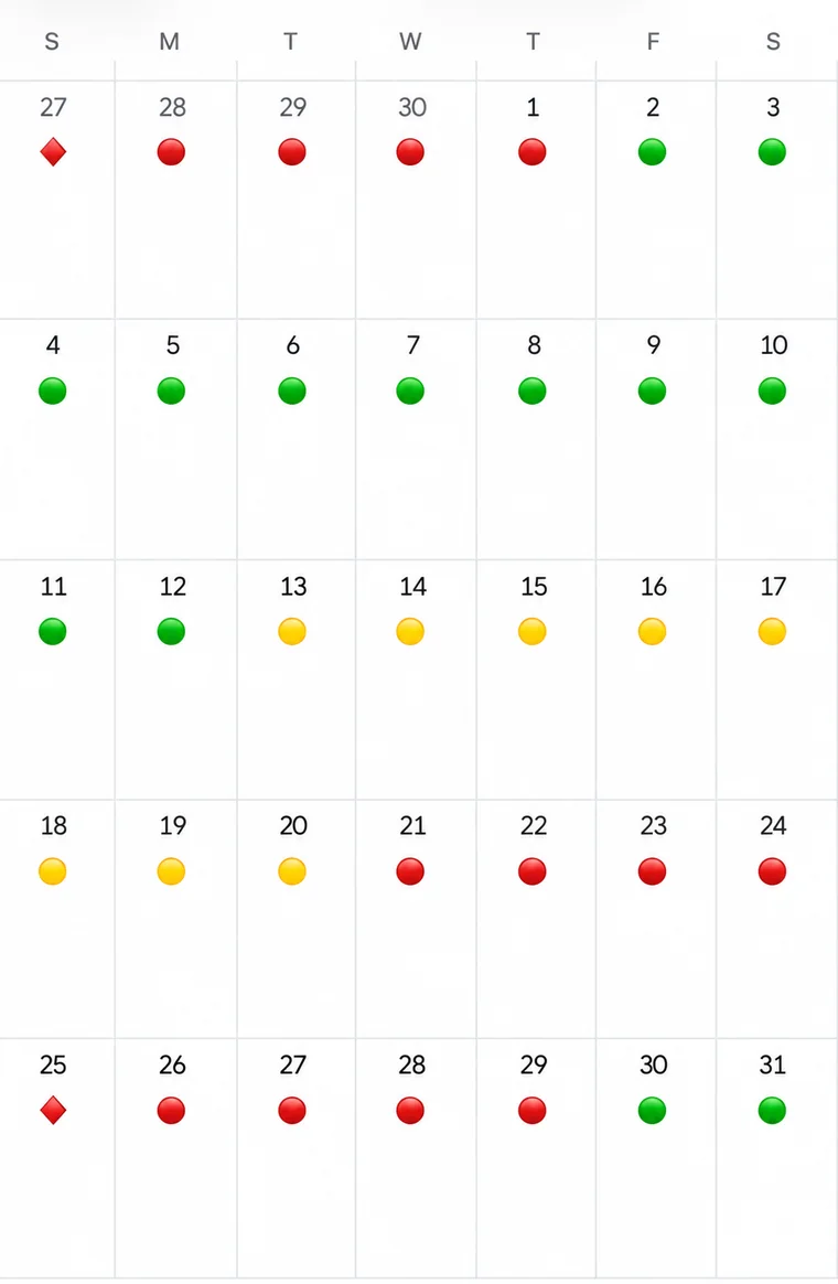 A calendar month with each day marked green, yellow, or red to signal predicted energy, plus a diamond marking the predicted period start.